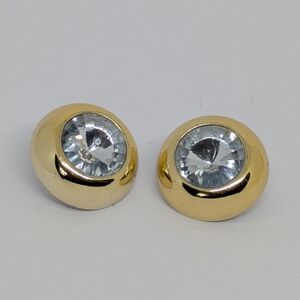 Vintage Clip Back Earrings Chunky Gold Big Center Jewel Lightweight Plastic